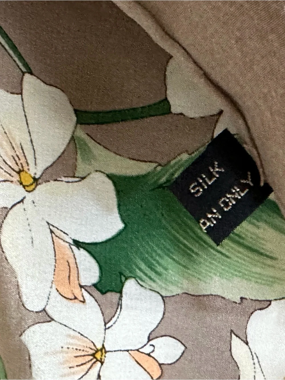 Floral 100% Silk Scarf in Taupe with Red & Peach Blooms Tulip Italian
